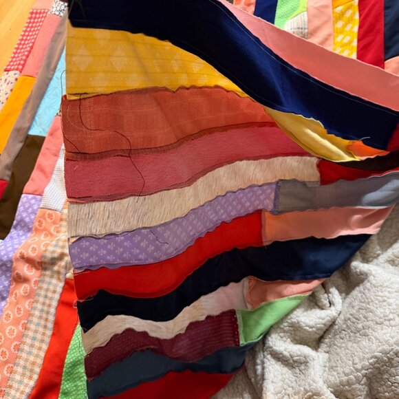 Vintage Patchwork Quilt Top Handmade Multi-Color Striped Design 69 x 90 Inches - Picture 3 of 5